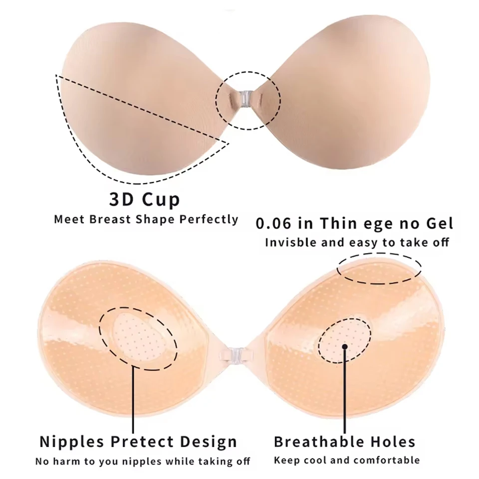 2-Way Sticky Adhesive Bra with Clear Halter Strap Front Buckle Push Up Invisible Bra Seamless Backless Strapless Breast Lift Bra