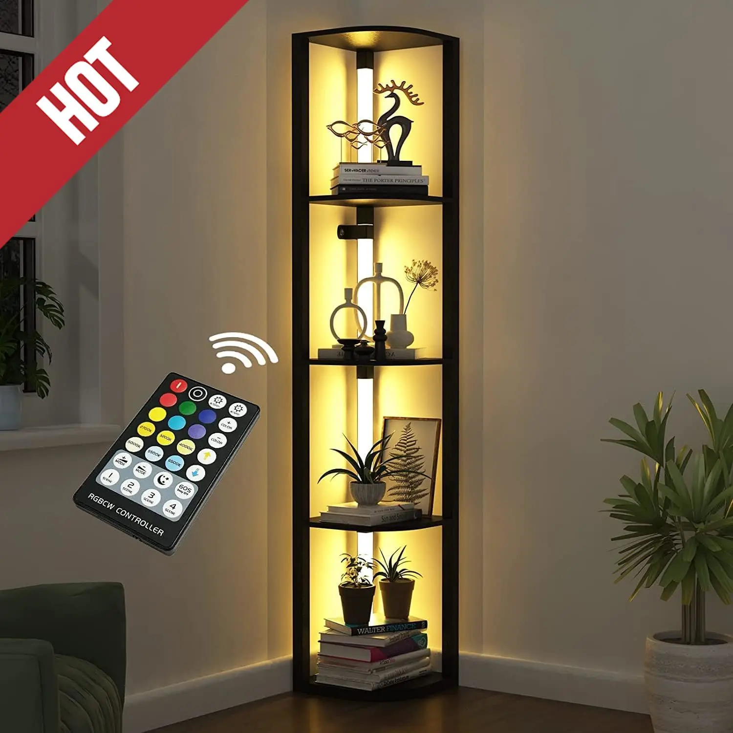 Mensola angolare con luce, lampade da terra moderne per decorazioni per la casa con ripiani portaoggetti per oggetti da collezione, personalizzabili