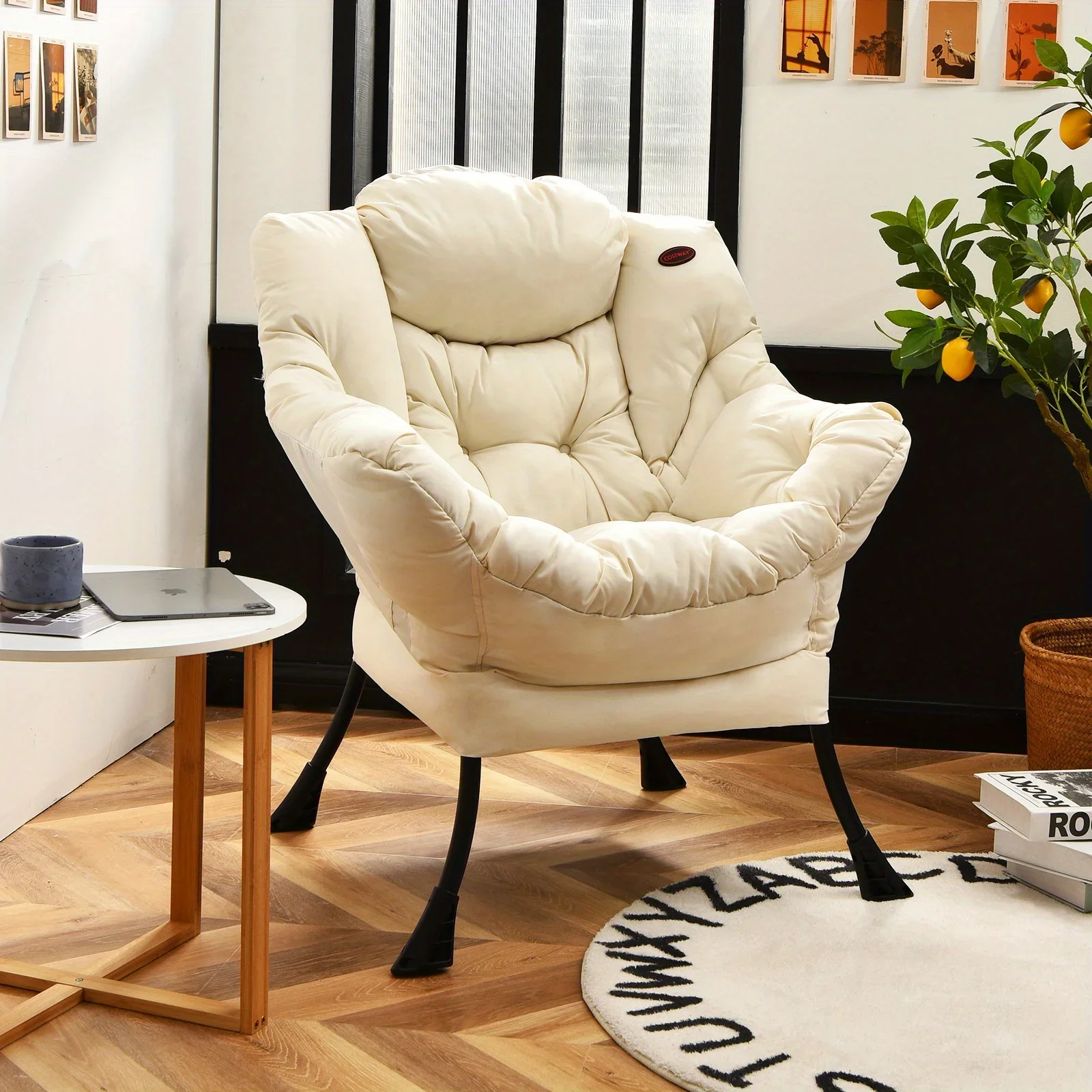 Costway Modern Polyester Fabric Lazy Chair Single Sofa Chair W Side Pocket Beige