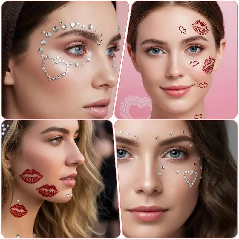 1 Blatt Sexy Realistische Lippen-Körperschmuck-Aufkleber Kuss Rote Lippen Gesichts-Strass Valentinstag Edelstein Temporäre Tattoo-Aufkleber – Detail 8