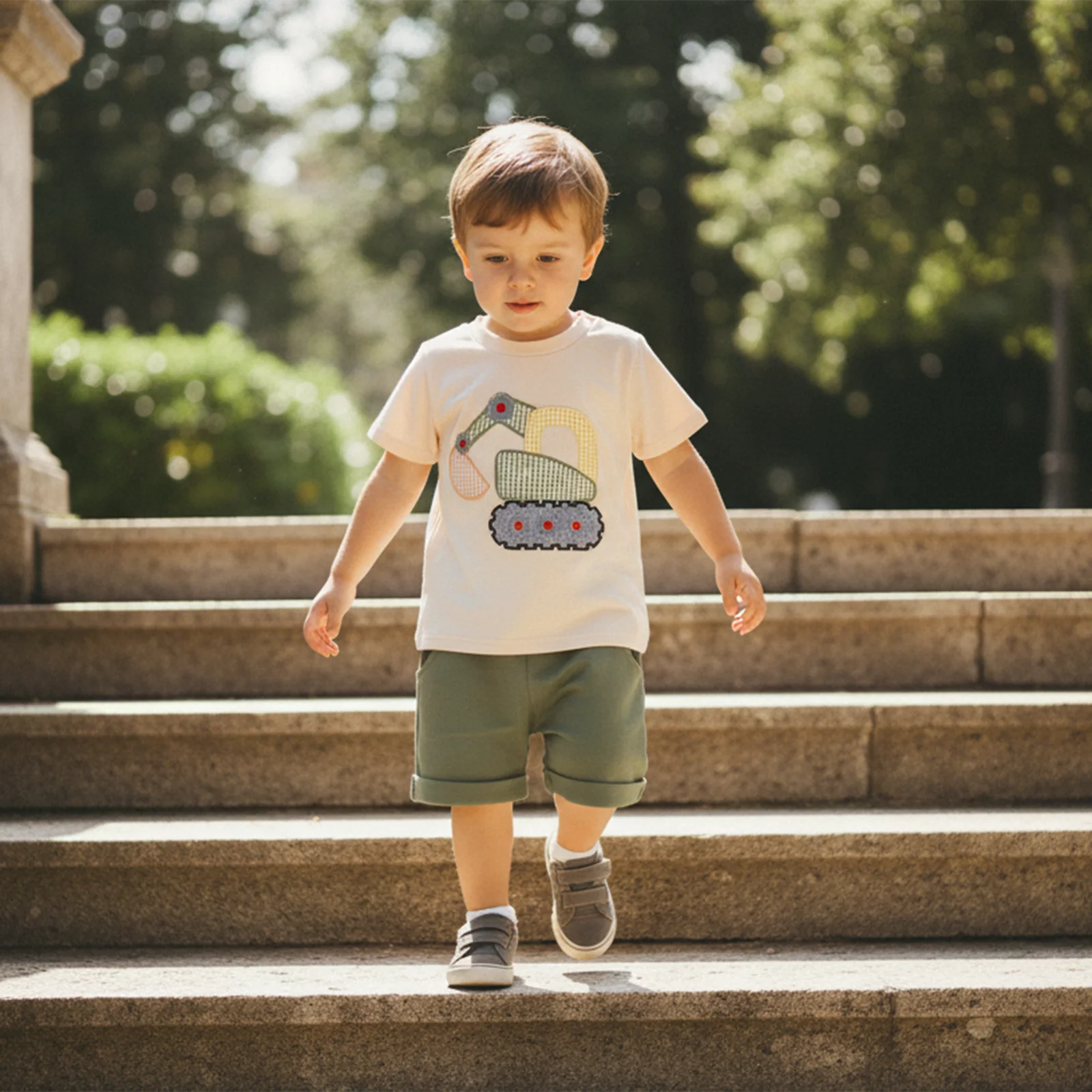 Summer Kids Boys Shorts Sets Short Sleeve Excavator Embroidery Tops Solid Color Shorts Clothes