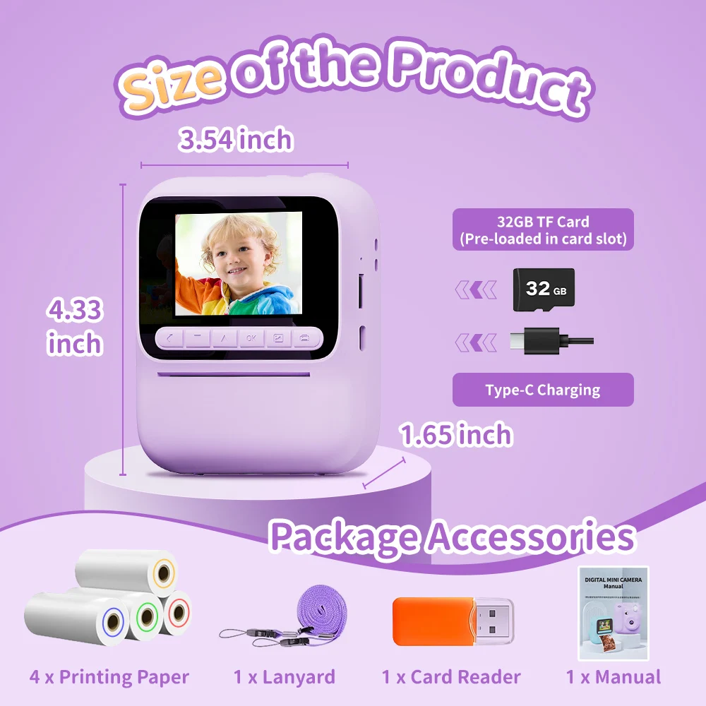 Appareil photo numérique instantané pour enfants, écran IPS de 2.4 pouces, Zoom 8X, Mini caméra imprimée couleur unique pour enfants de 3 à 12 ans, cadeaux d'anniversaire, nouvelle collection