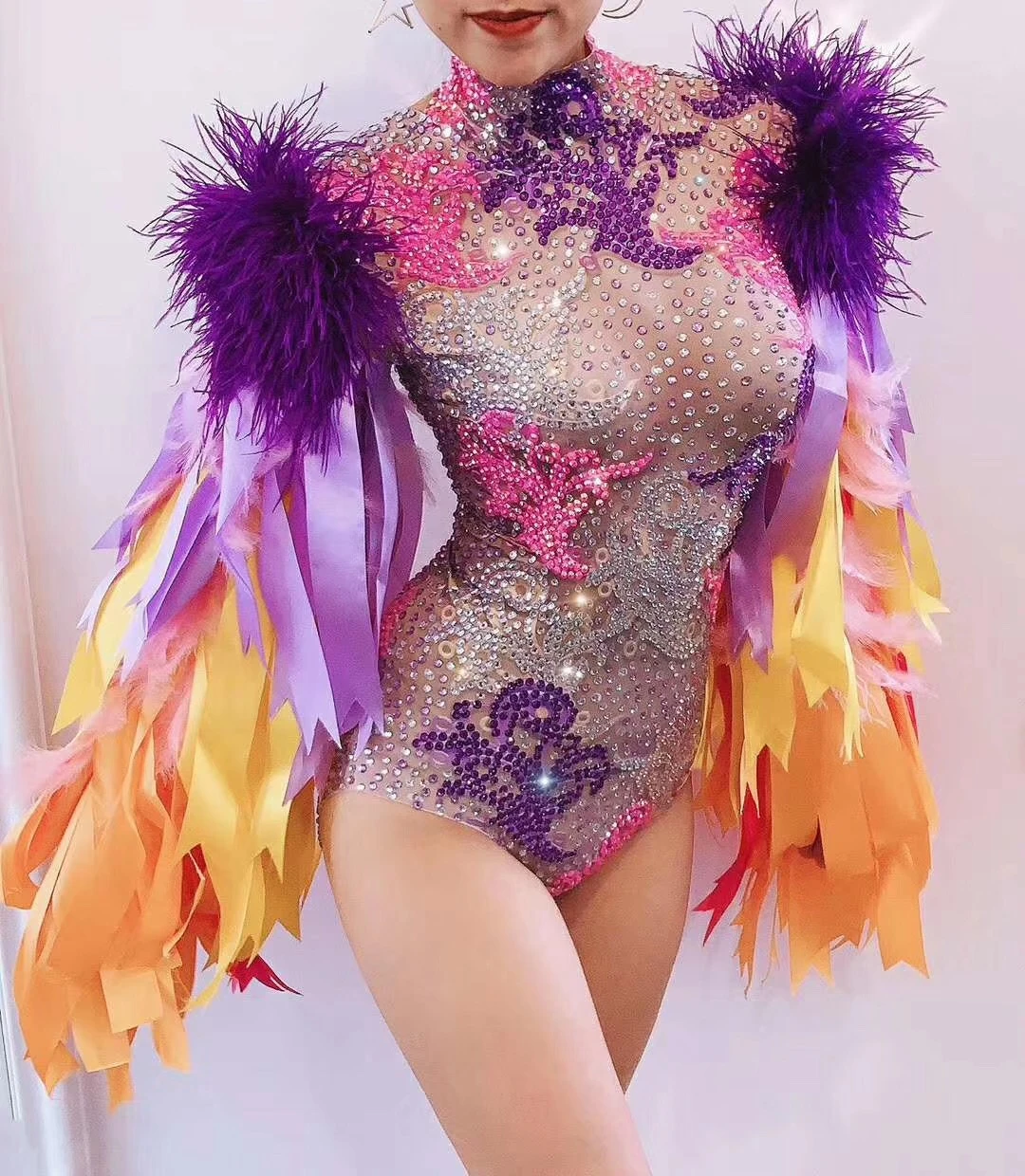 Colorful Shining Rhinestones Sexy Bodysuits For Women With Feathers Ribbon Fashion Show Stage Costumes Rave Drag Queen Outfit