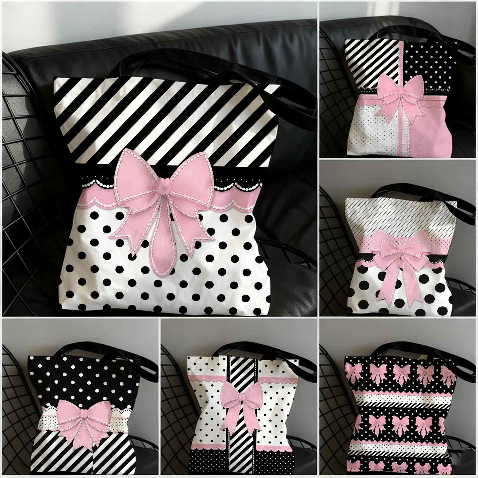 Sweet Pink Bow Polka Dot Storage Bags Large Capacity Canvas Tote Bag Double-Sided Print Shoulder Handbag for Daily Shopping