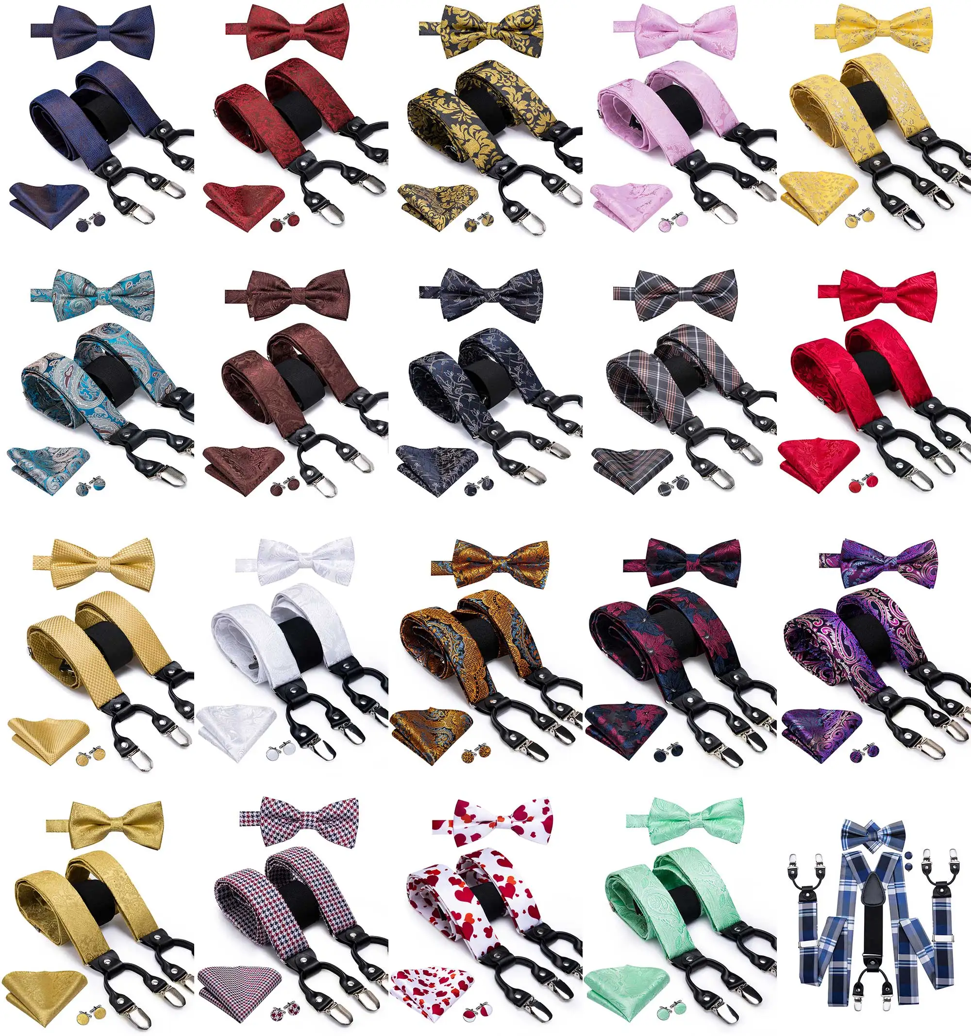 Hi-Tie Vintage Silk Men\'s Christmas Suspender Fashion Red Green Suspender and Bow Tie Set Leather Metal 6 Clips Suspender Braces