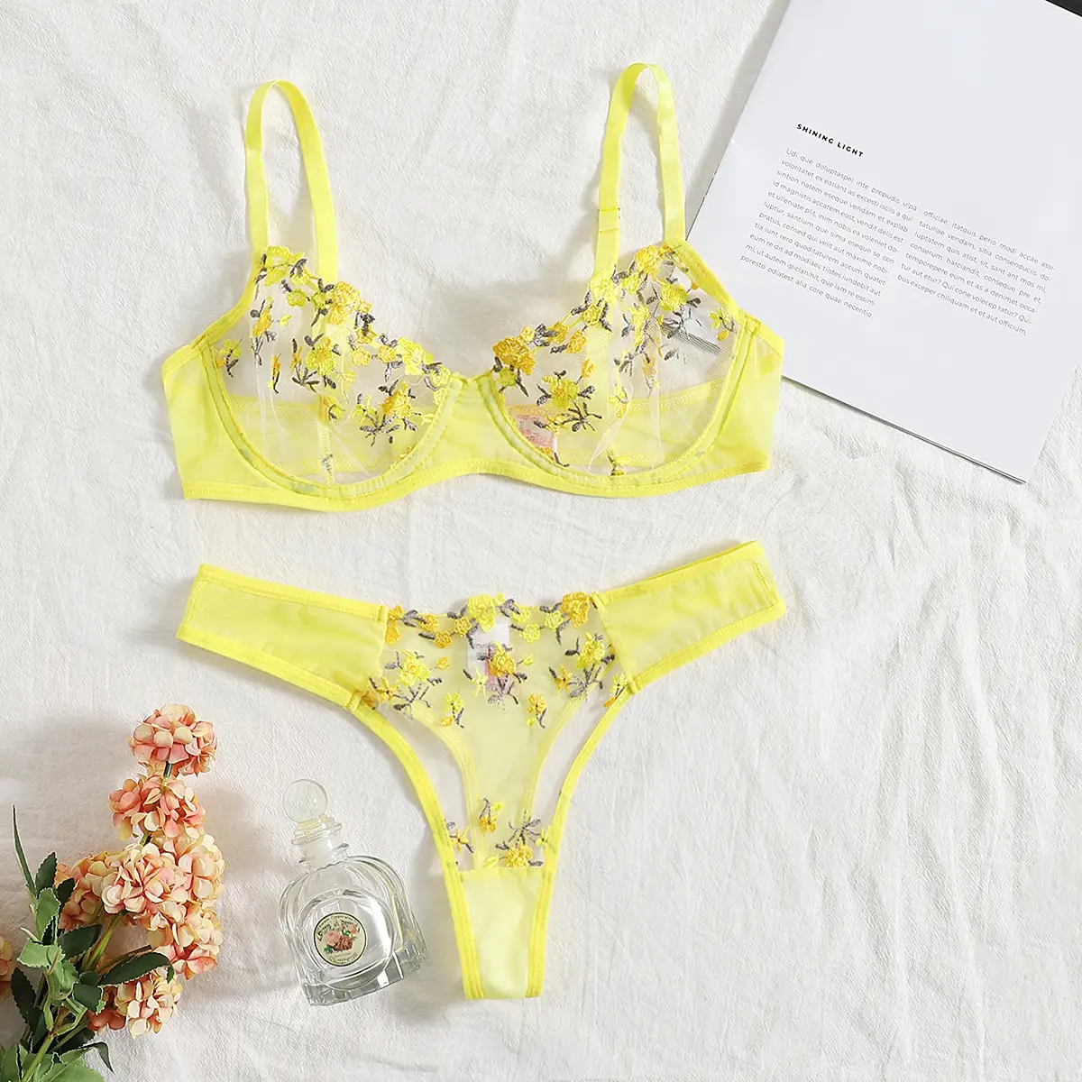 Sexy Bra And Panties Set Lingerie Yellow Embroidery Lace Transparent Women\'s Underwear Set Erotic Brief Set Lingerie Costumes