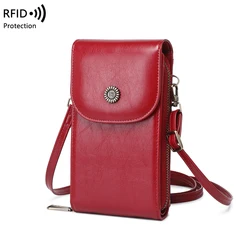Retro Oil Wax Leather Mobile Phone Bag, RFID, Anti-theft, Brush, Vertical Shoulder Bag, Fashion Crossbody Wallet