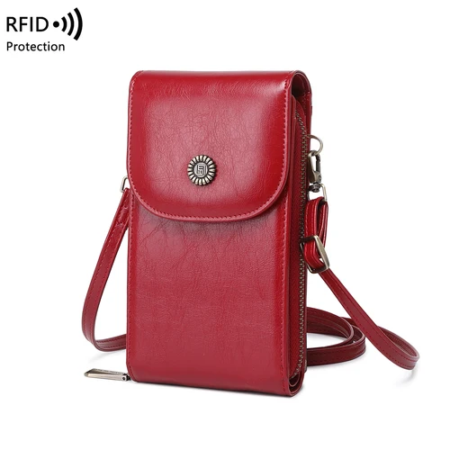 Bolso Retro de cuero con cera de aceite para teléfono móvil, RFID, antirrobo, cepillo, bolso de hombro Vertical, cartera cruzada de moda