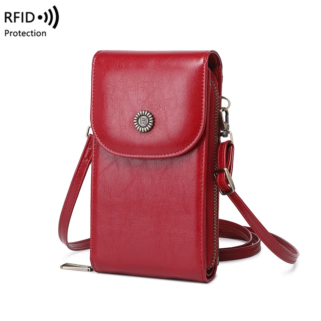 Retro skórzana torba na telefon komórkowy z wosku olejnego, RFID, zabezpieczenie przed kradzieżą, szczotka, pionowa torba na ramię, modny portfel typu crossbody