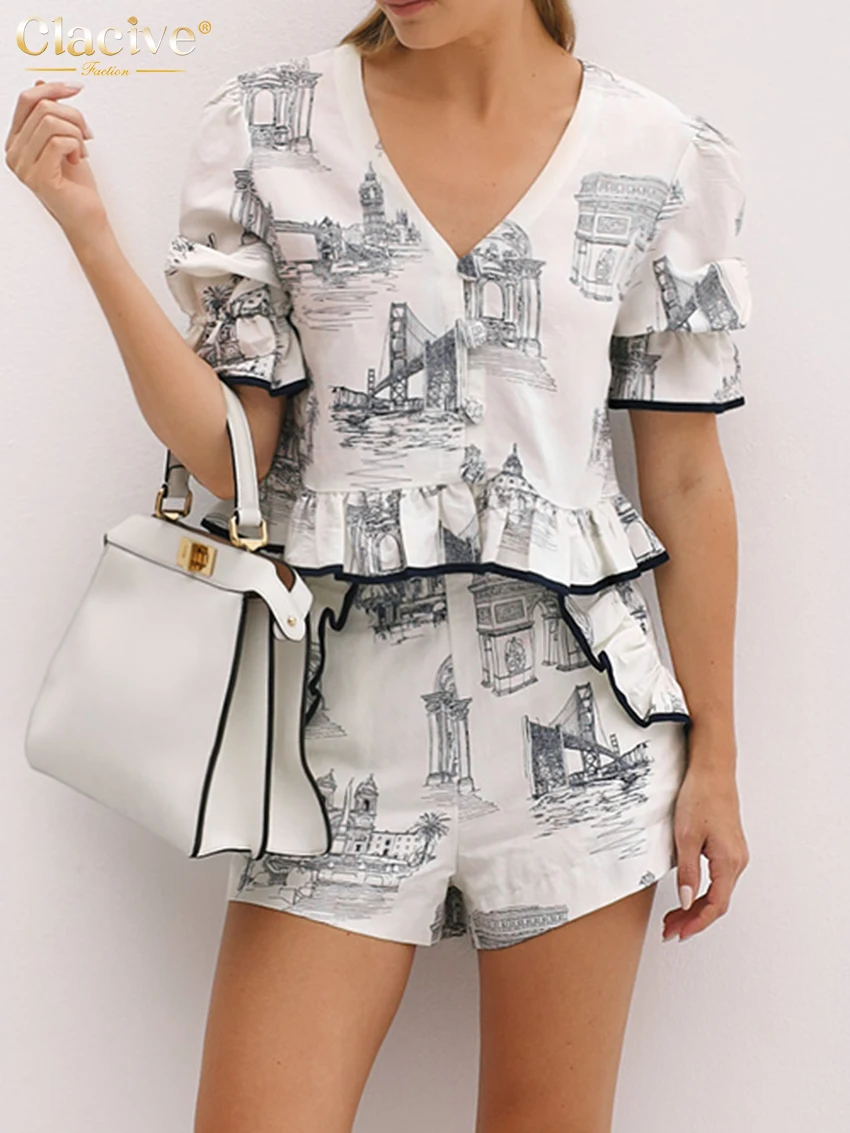 Clacive Fashion Loose Print Shorts Sets Women 2 Pieces 2024 Summer Short Sleeve Shirt With High Waist Ruffle Shorts Set Female