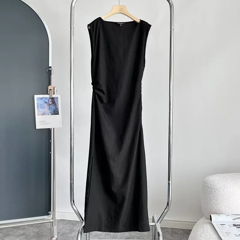 Maxdutti French Dress Women Style Black Color Casual Linen Midi  Office Ladies Fashion Pleated Slim Dress