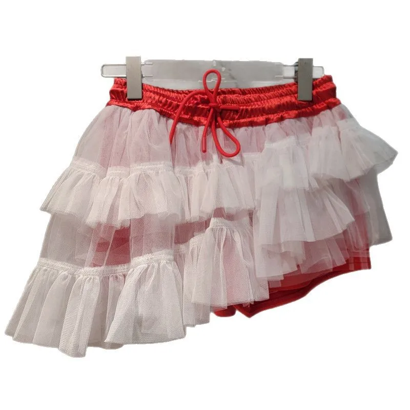 White Mesh Patchwork Red Skirt Shorts for Women 2025 Summer New Clothing Versatile  Elastic Drawstring Waist Shorts