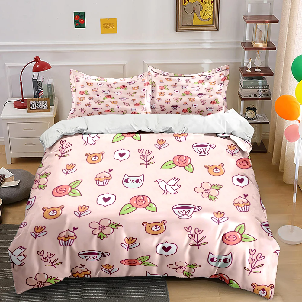 Bettwäsche-Set mit niedlichen Cartoon-Tier-Illustrationsmustern, 1 Bettbezug, 2 Kissenbezüge für Erwachsene und Kinder, Luxus-Geschenk, volle Größe