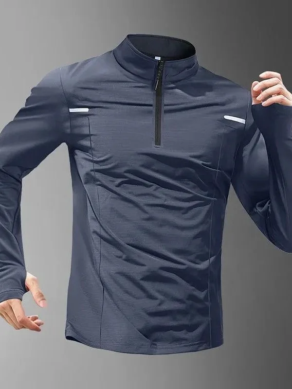 Quick Dry Long Sleeve Men's Training Sportswear Half Zipper Fitness Running Cycling Clothing Stand Collar T-Shirt Polyester F... - view 5