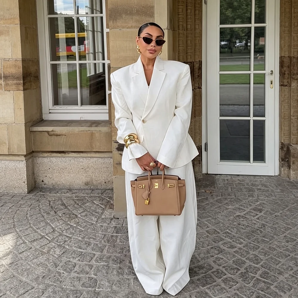 Chic White Wide-leg Pant Single Breasted Women Pants Set New Female Two Pieces(Blazer+Trousers) Conjuntos Femininos Elegantes