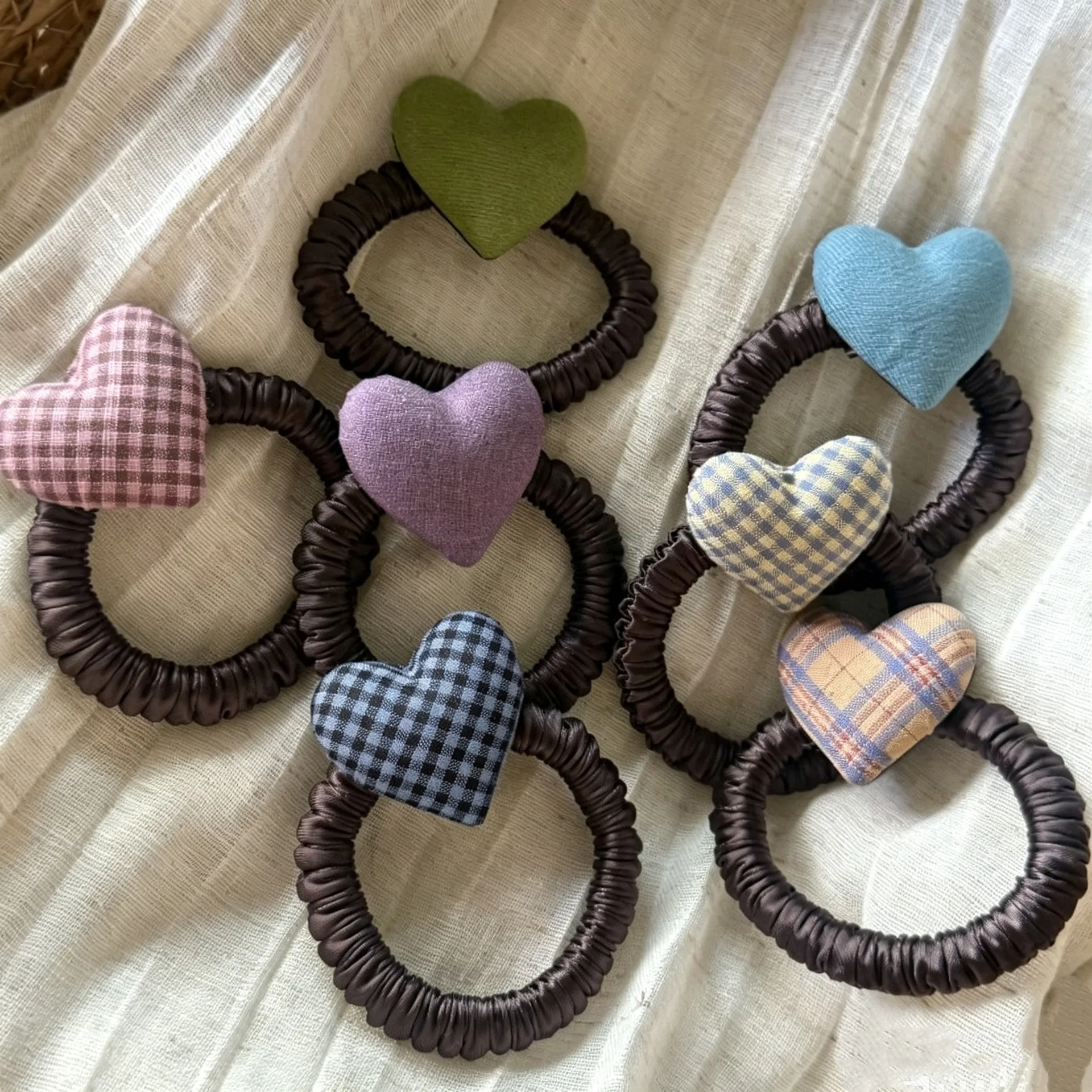 Plaid Heart Elastic Hair Tie for Ponytail Handmade Cute Checkered Fabric Ring High Quality Comfortable Daily Wear
