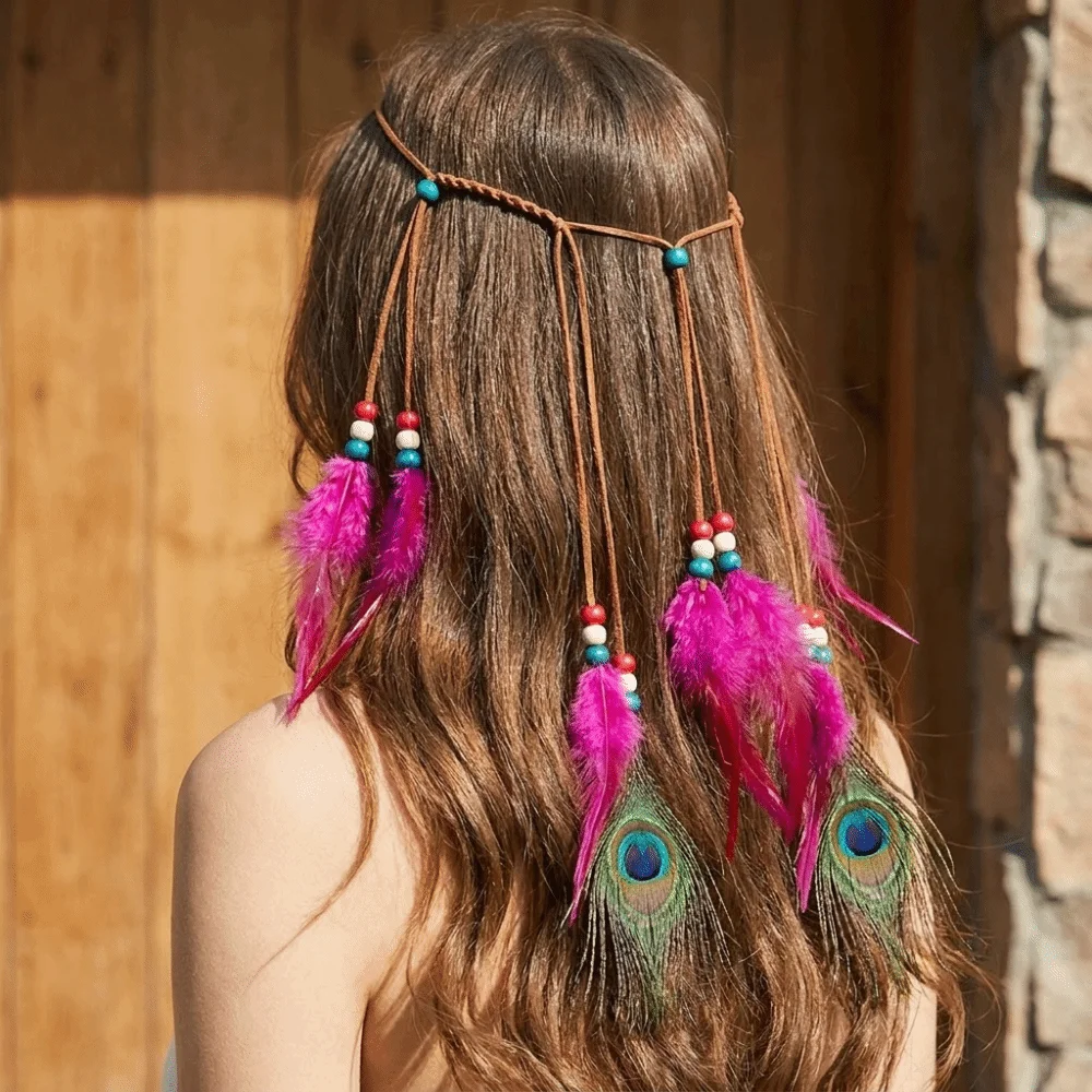 Cascading Tassels Long Feather Headpiece Braided Cord Hand-tied Plumage Bohemian Tassel Headband Vintage Ethnic Style