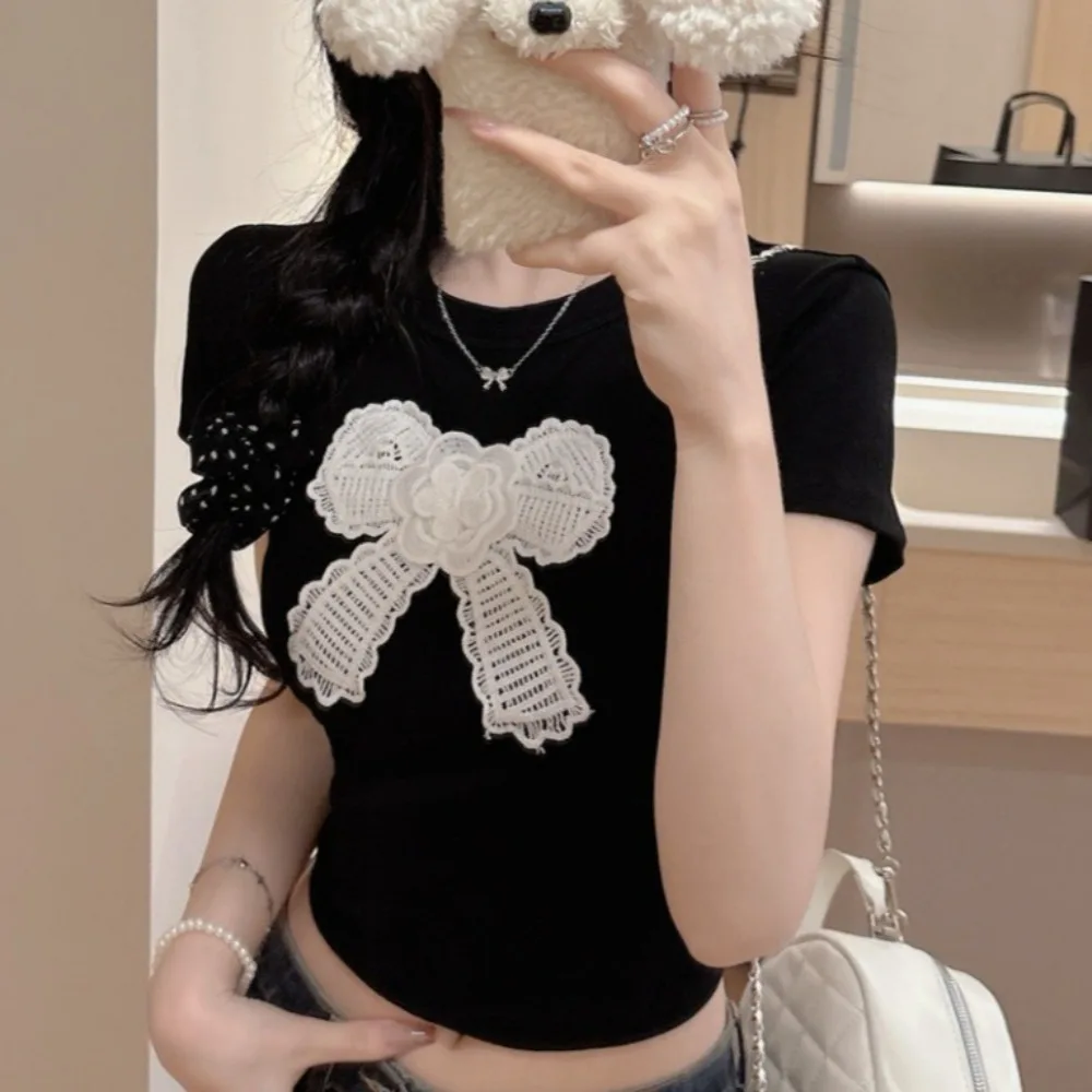 

Ins Sweet Cotton Korean Bow T-shirts With Chest Pads Bowknot Y2K Crop Tops Undershirt Spicy Girl Short Shoulder Tops Women