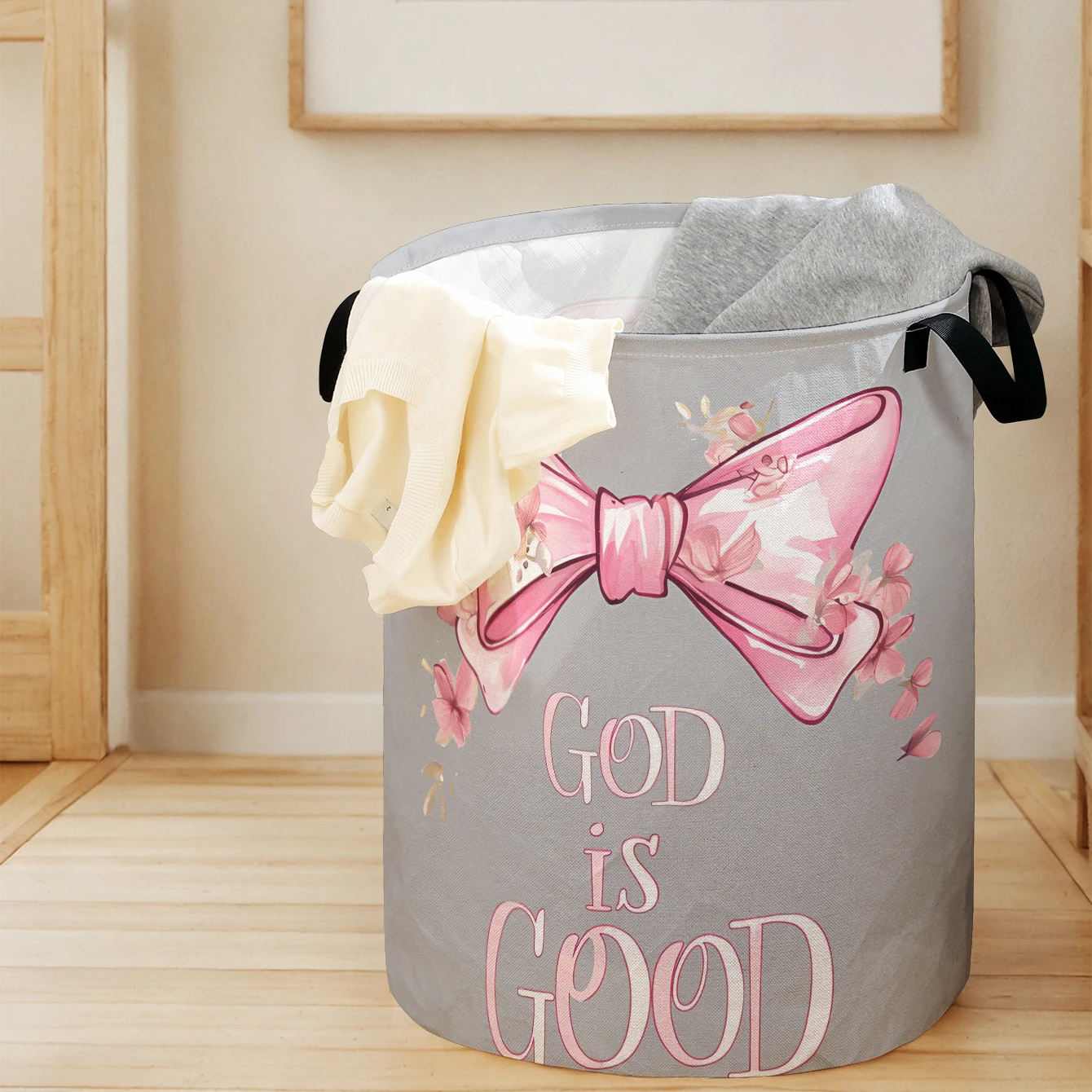 

Розовая корзина для хранения с цветочным принтом и бантом "GOD is GOOD", складная, большой вместимости, для хранения детских игрушек и одежды, для дома и ванной комнаты
