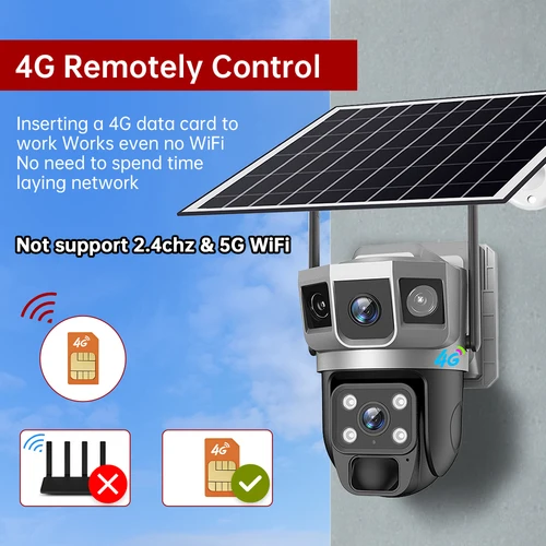 Imagen 2 del producto Cámara Solar de 12MP, tarjeta Sim 4G, lente Dual, cámaras de tres pantallas, seguimiento humano PIR, batería de baja potencia, protección de seguridad CCTV V380