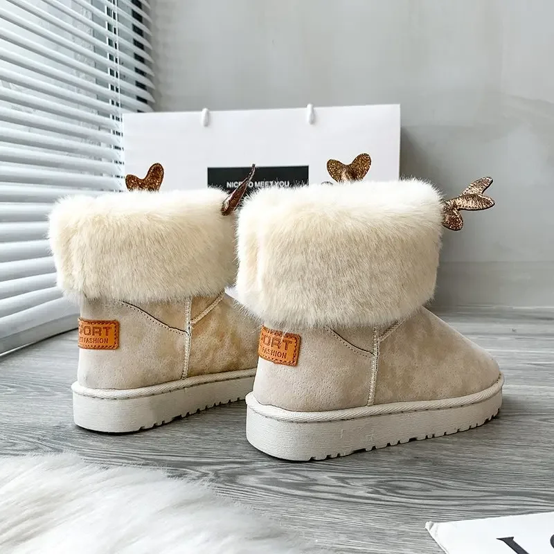 

New Cute Elk Antlers Women Winter Snow Boots Plus Velvet Thick Warm Women Ankle Boots Solid Rubber Female Winter Flat Boots