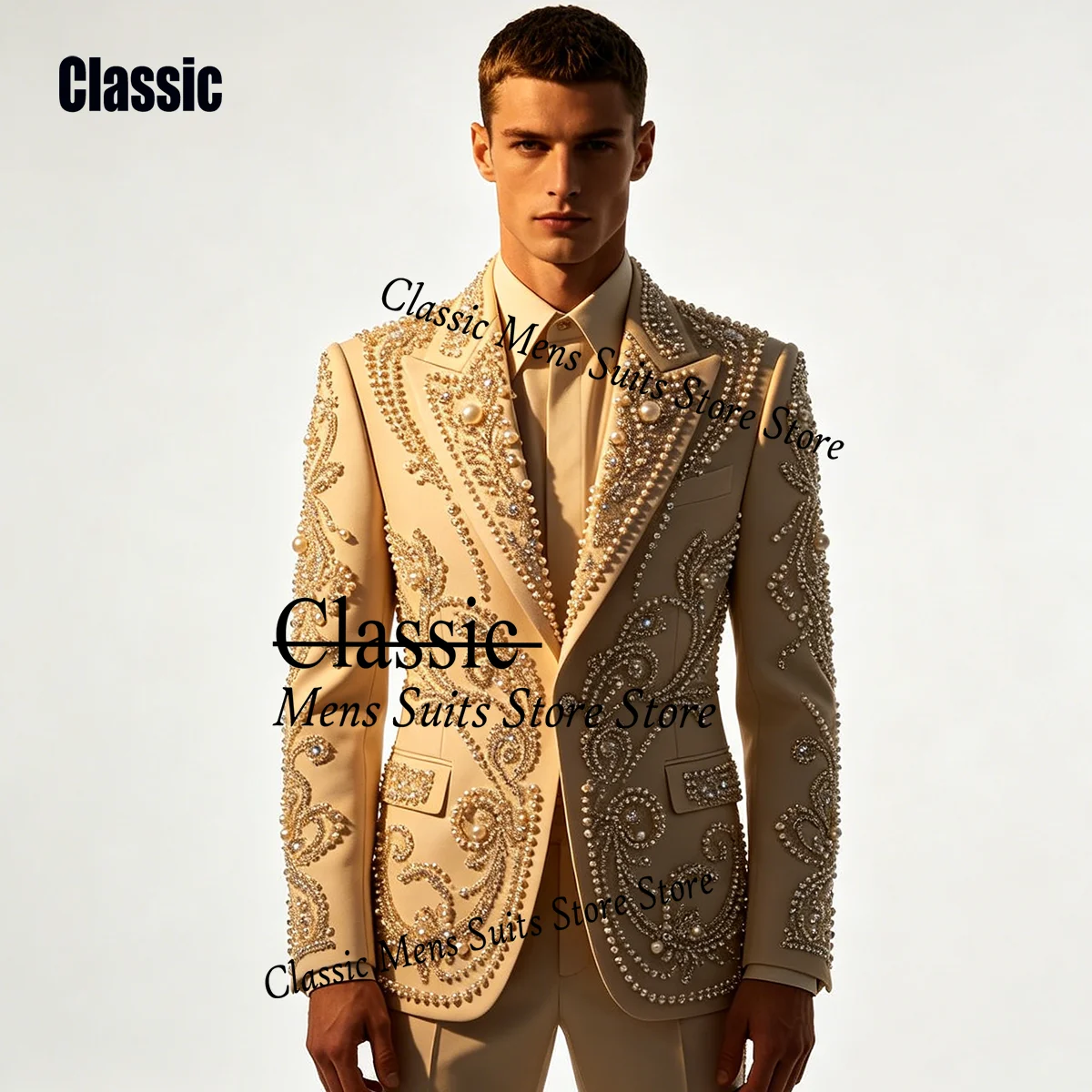Luxury Diamond Men suit Customized Fashion Beaded Gem For Prom Groom Male Wedidng Party Glitter Blazer 2 Pieces Set Tuxedos Slim