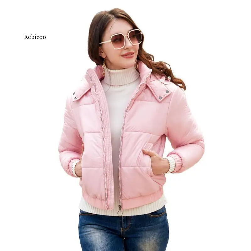 Autumn Winter Hooded Zip Up Cotton Padded Jacket Women 2022 Bright Fashion Long Sleeve Pink 20D Coated Anti-Splash Thick Coats