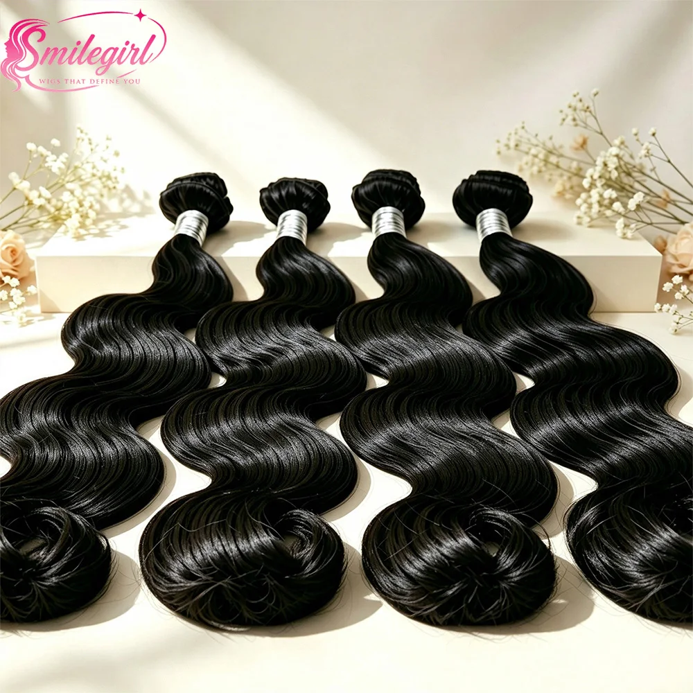 Smilegirl Body Wave Human Hair Bundles Extensions Raw Virgin Hair Extensions 1/3/4 Bundles Natural Black Weft Thick Soft Human Hair Weave 10–40 Inch for Women