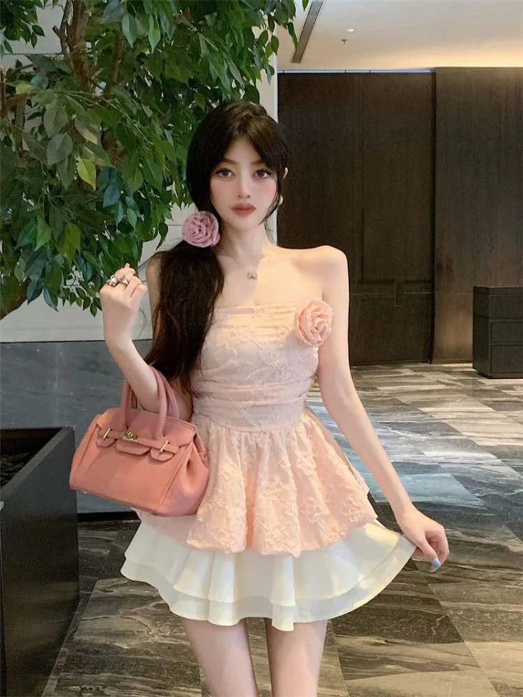 Women Pure Temperament Tube Top Lace Detail High Waist A Line Skirt Soft Feminine Summer Outfit