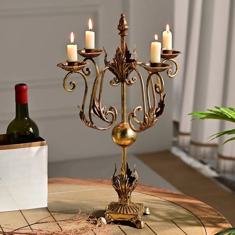 American French country retro old gold wrought iron four-headed candlestick dining table Christmas photography props B & B