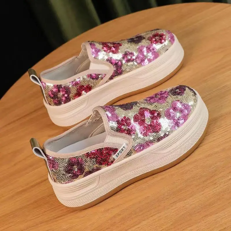 2024 New Woman\'s Spring Summer Casual Canvas Shoe Thick Sole Non Slip Flower Bling Slip-On Fashionable Loafers Shoes Board Shoes