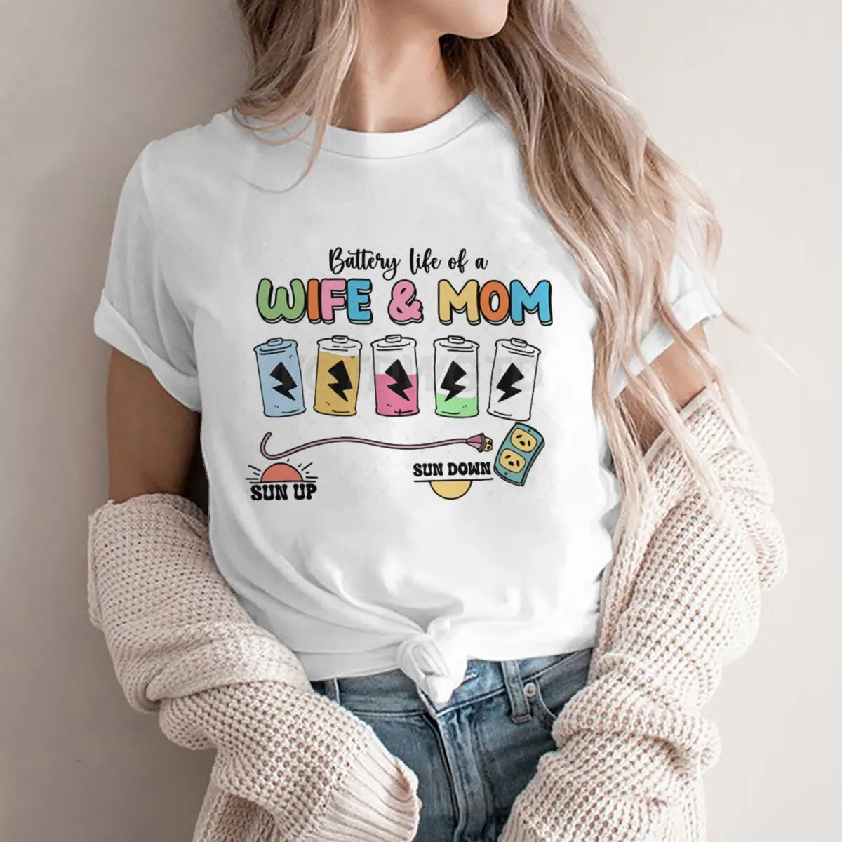 Battery Life of Wife & Mom Print T Shirt Women Harajuku Short Sleeve Tops Summer Fashion Tshirt Casual Tops Tees for Lady
