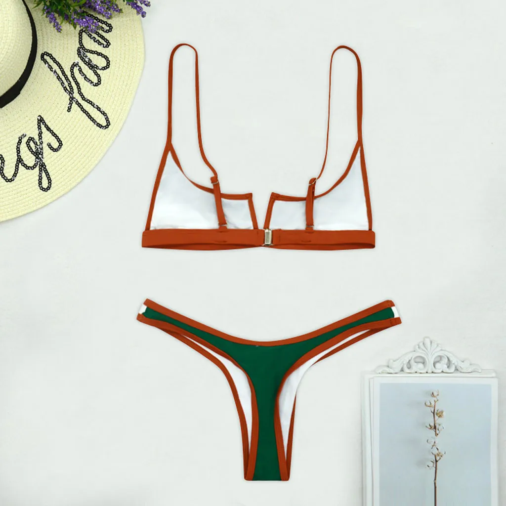 Vintage Micro Bikini Patchwork Swimsuit Brazilian Sexy Swimwear Female 2023 New Summer Colorblock V-bar Green Bathing Suits