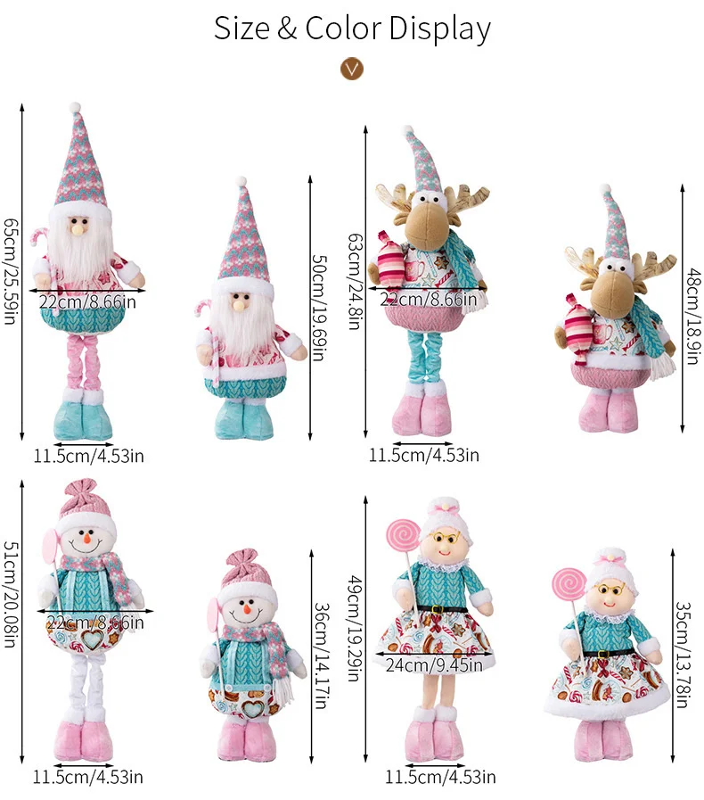 Christmas Plush Doll Telescopic Santa Grandma Figurine Candy Lollipop Pink Blue Xmas Window Table Decor Kids Birthday Gift