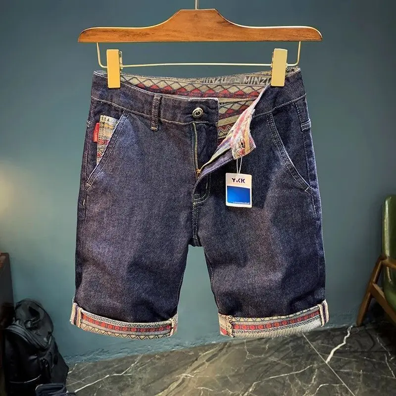 

Summer Dark Blue Designer Denim Shorts Men's 2025 New Retro Splicing Crimped Breathable Washed Elastic Casual Blue Jorts Shorts