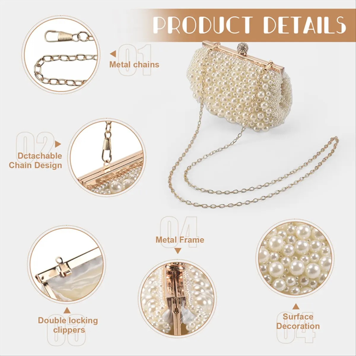 ABQR Pochette da sera per matrimonio Borsa con perle Abito Borsa da cena Borsa piccola Borsa da damigella d'onore Bianca