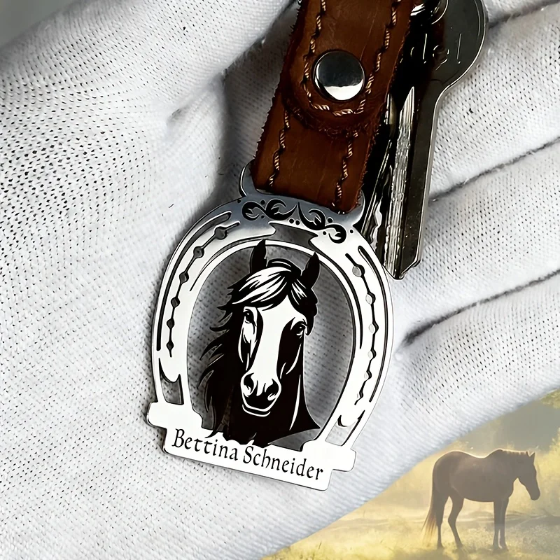 Customized Horse-Themed Horseshoe-Shaped Keychain--Personalized Engraved Stainless Steel and Leather Keychain, Customized with Name and Farm Name, Horse Racing Venue Accessories, Unique Keychain for Horse Owners, Designed for Horse Lovers
