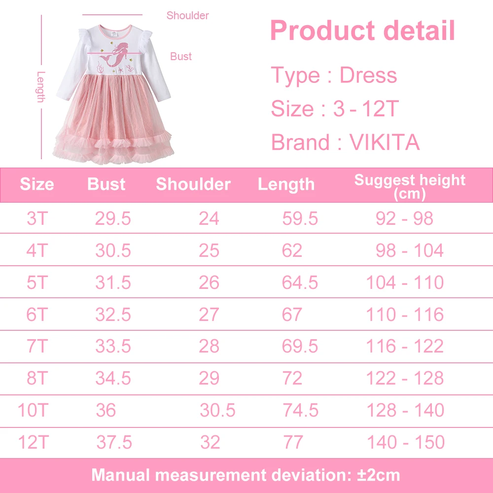 VIKITA Girls Long Sleeve Autumn Spring Dress Kids Mermaid Print Cartoon Princess Dresses Mesh Tulle Layered Party Dresses 3-8 Y