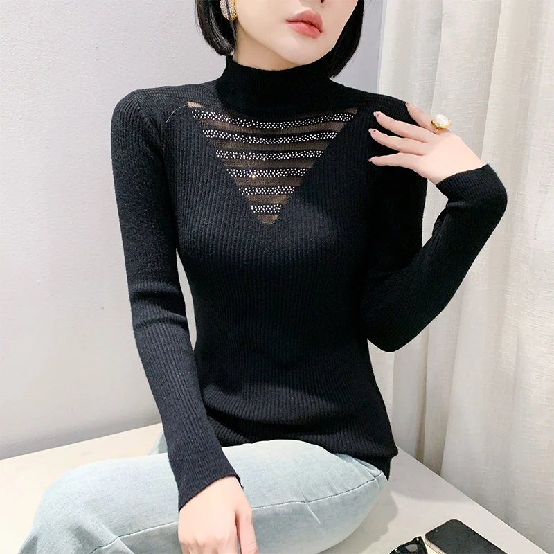 #4337 Black Purple Knitted Sweater Women Split Joint Mesh Dimonds Sexy Stretch Knitted Short Pullover Female Half High Collar