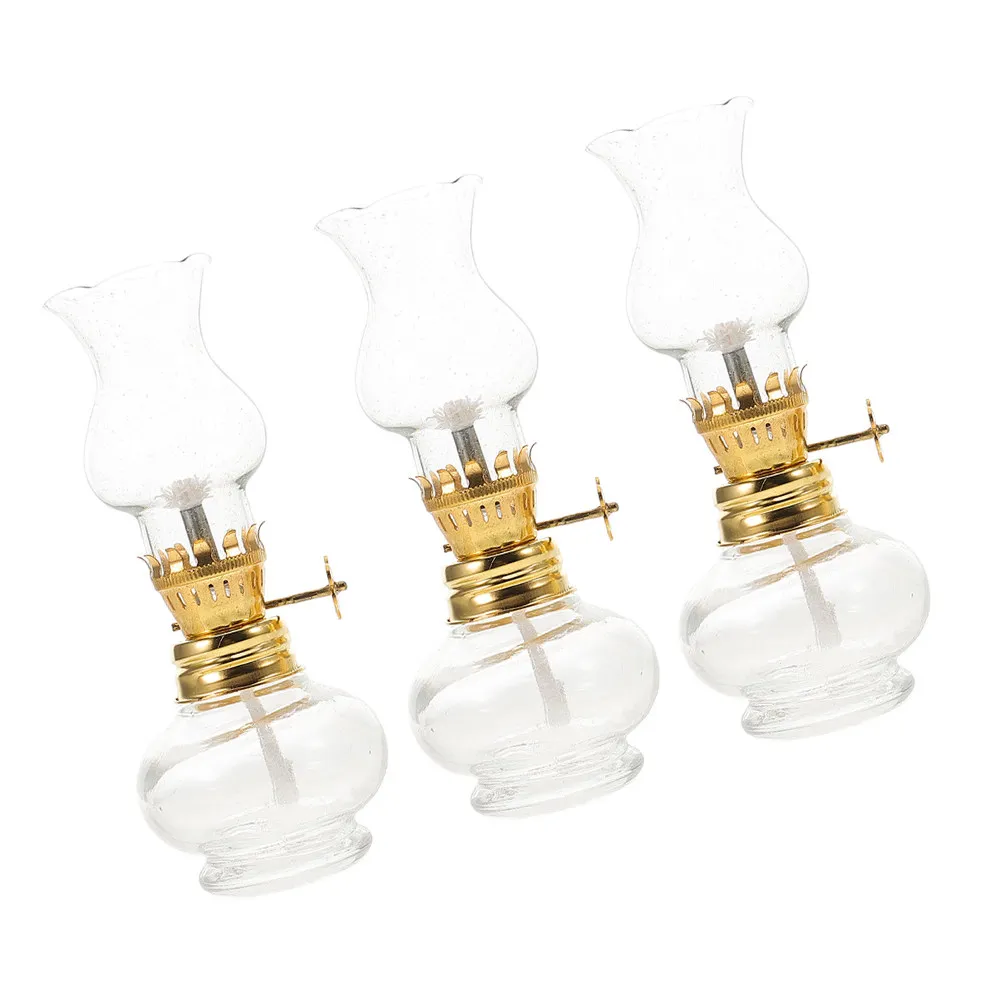 

3Pcs Vintage Glass Lantern Small Oil Lamp Clear Hurricane Indoor Emergency Decorative Light 11.5cm Lantern