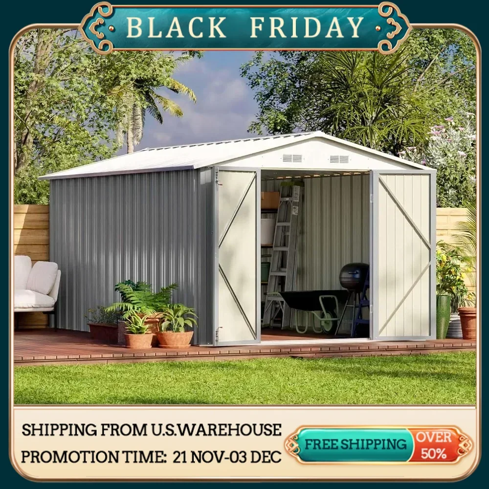 

12 x 8 FT Outdoor Storage Shed, Steel Shed Storage House with Design of Lockable Doors, Utility and Tool Storage for Garden