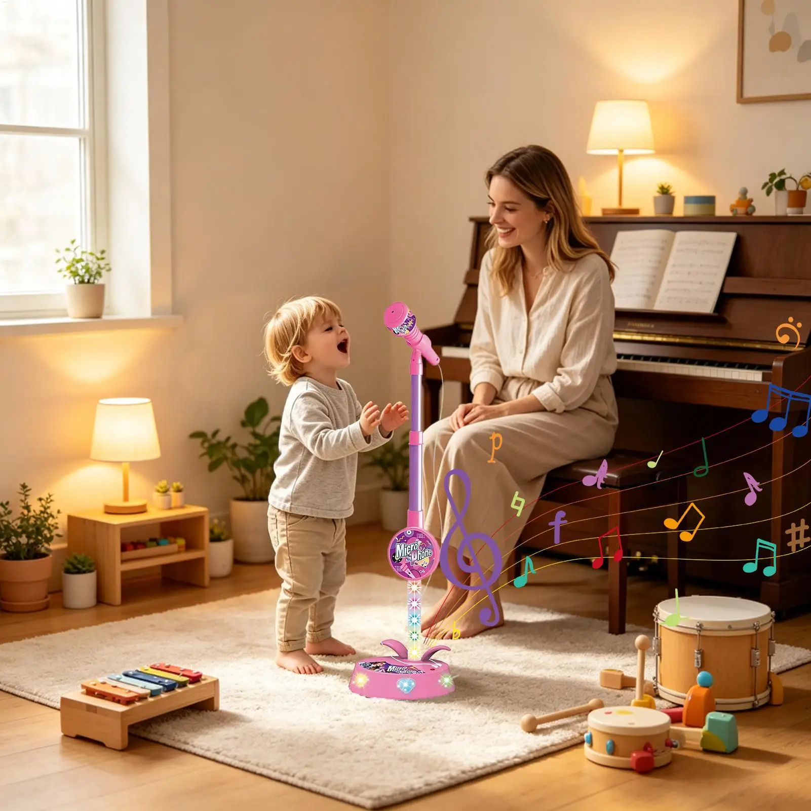 Microphone For Kids LED Lights Adjustable Height Portable Toys Kids Karaoke Sing Music Microphone For Classroom Travel Playroom