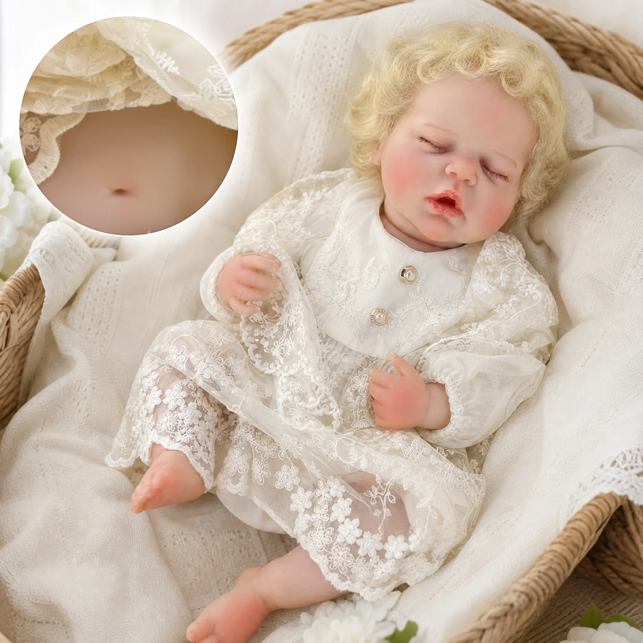 Closed Eyes 48CM Full Body Vinyl Doll With Blonde Hair And Realistic Skin Details With Feeding Bottle Reborn Doll For Kid's Gift