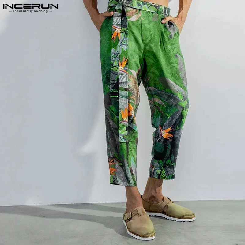 INCERUN 2024 American Style Trousers Stylish New Men Floral Print Long Pant Leisure Streetwear Male Straight Leg Pantalons S-5XL