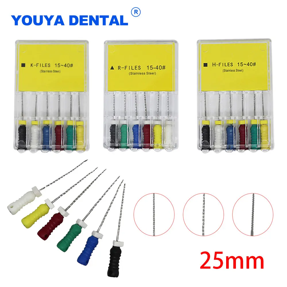 6Pcs/Pack K-Files 25mm Stainless Steel Dental Hand Use Endodontic Root Canal Files Tapered Finger Spreaders Odontologia