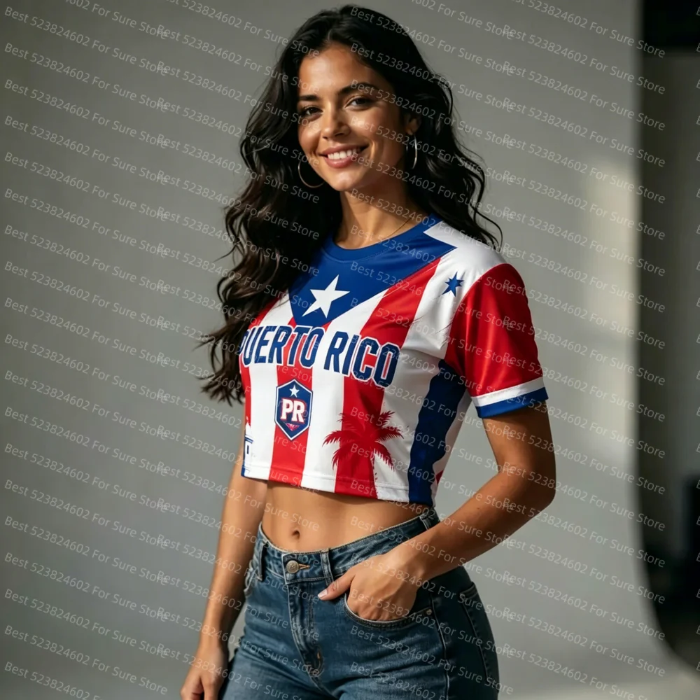 Women Puerto Rico Flag Cropped Jersey Short Sleeve Crew Neck 10# Football Sport T-shirt Casual Y2K Tops For Summer Streetwear