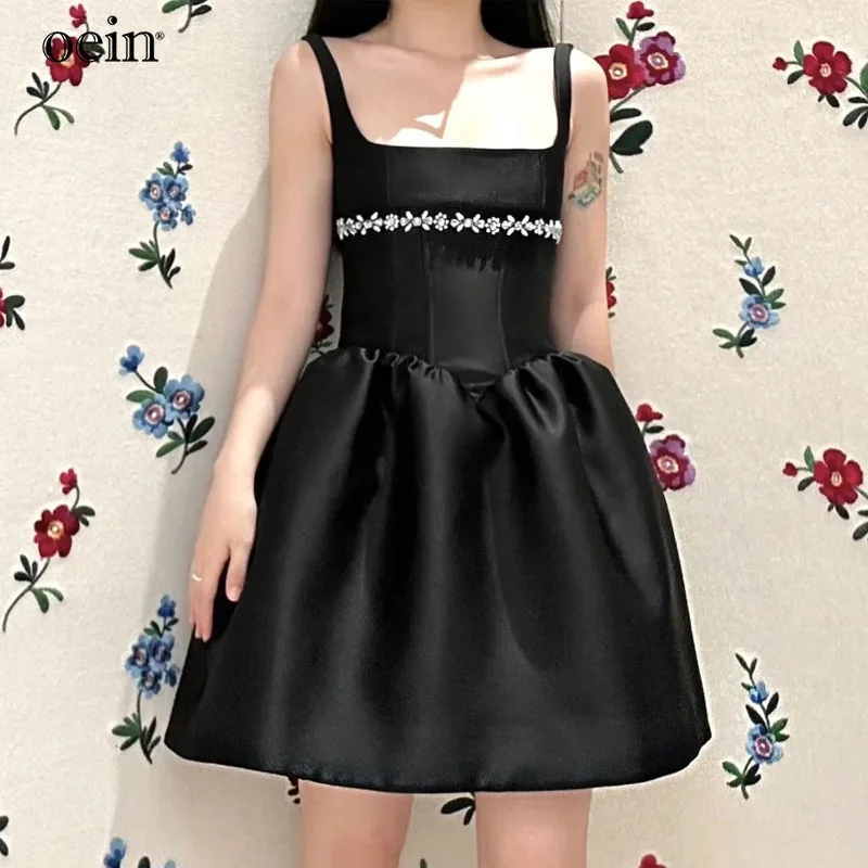 [oein] Designer's Fishbone Waist Strap Skirt, Small, Nail Diamond Decorative Puff A-line Dress