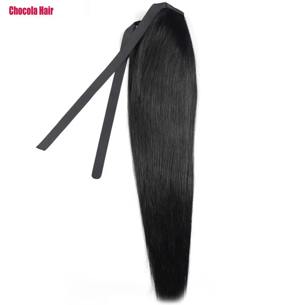 Chocolate-cinta de pelo Remy brasileño, extensiones de cabello humano 100% con Clip de cola de caballo, 16-18 pulgadas, 60g