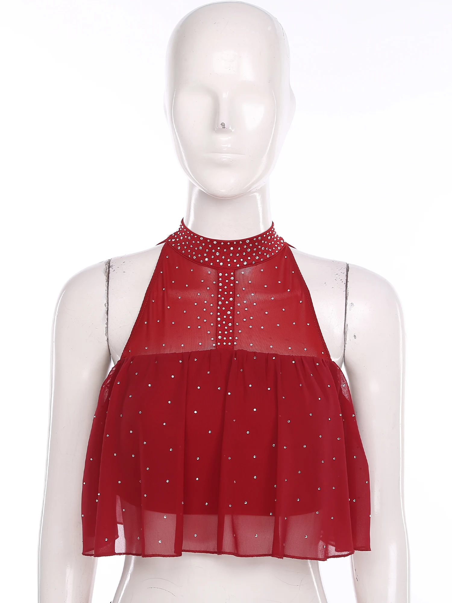 

Women Modern Ballet Lyrical Dance Tops Halter Sleeveless Cropped Vest Backless Rhinestone Ruffled Tank Tops Costume Performance