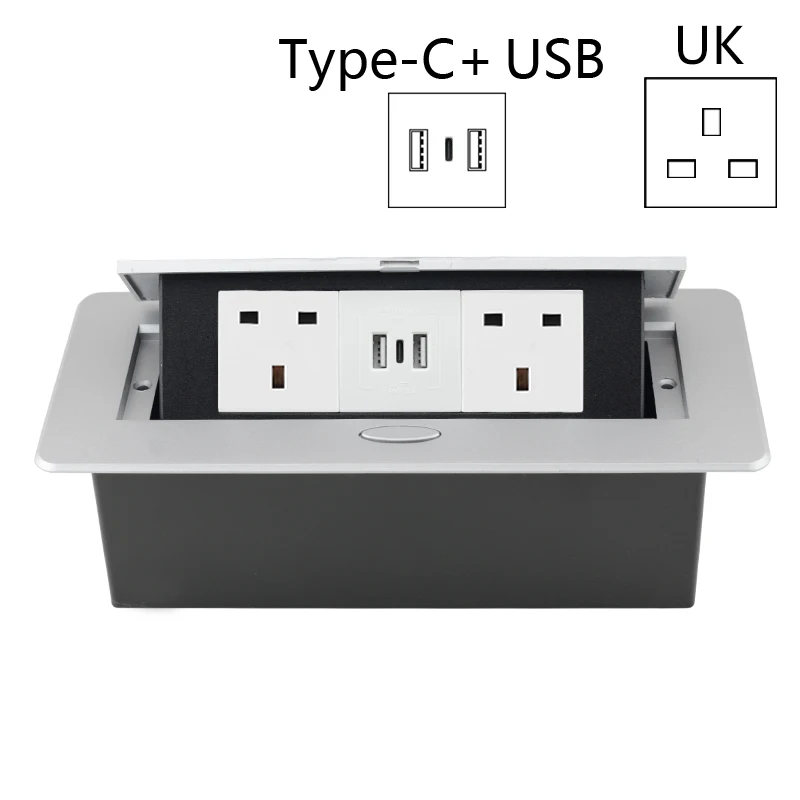 UK Pop Up Sockets Table 2 3 Outlets USB Fast Charge Type-C Electric Box Benchtop Recessed Power Strip Desktop Desk Hidden Socket